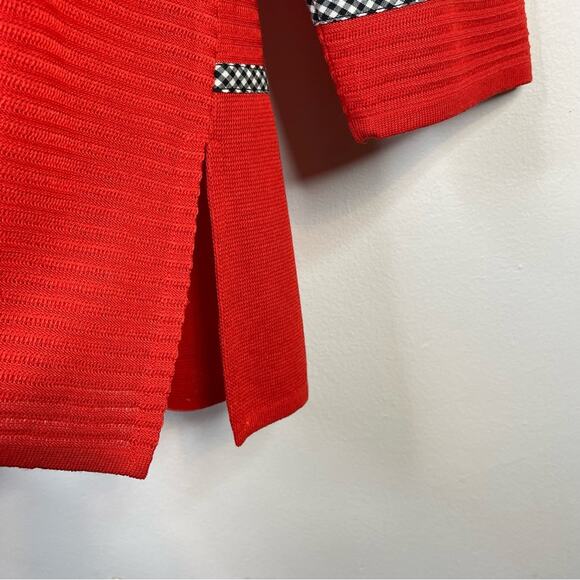 Ming Wang Poppy Red Gingham Trim Zip Front Long Sweater Jacket Womens S new nwt - Picture 7 of 16